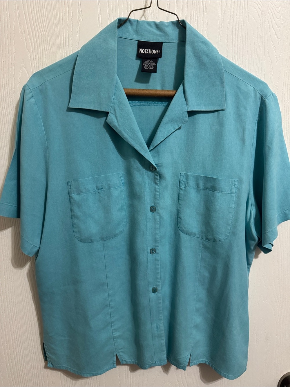 Notations Silk Button Up Turquoise Blue Short Sleeve Notched Collar Women’s Lrg